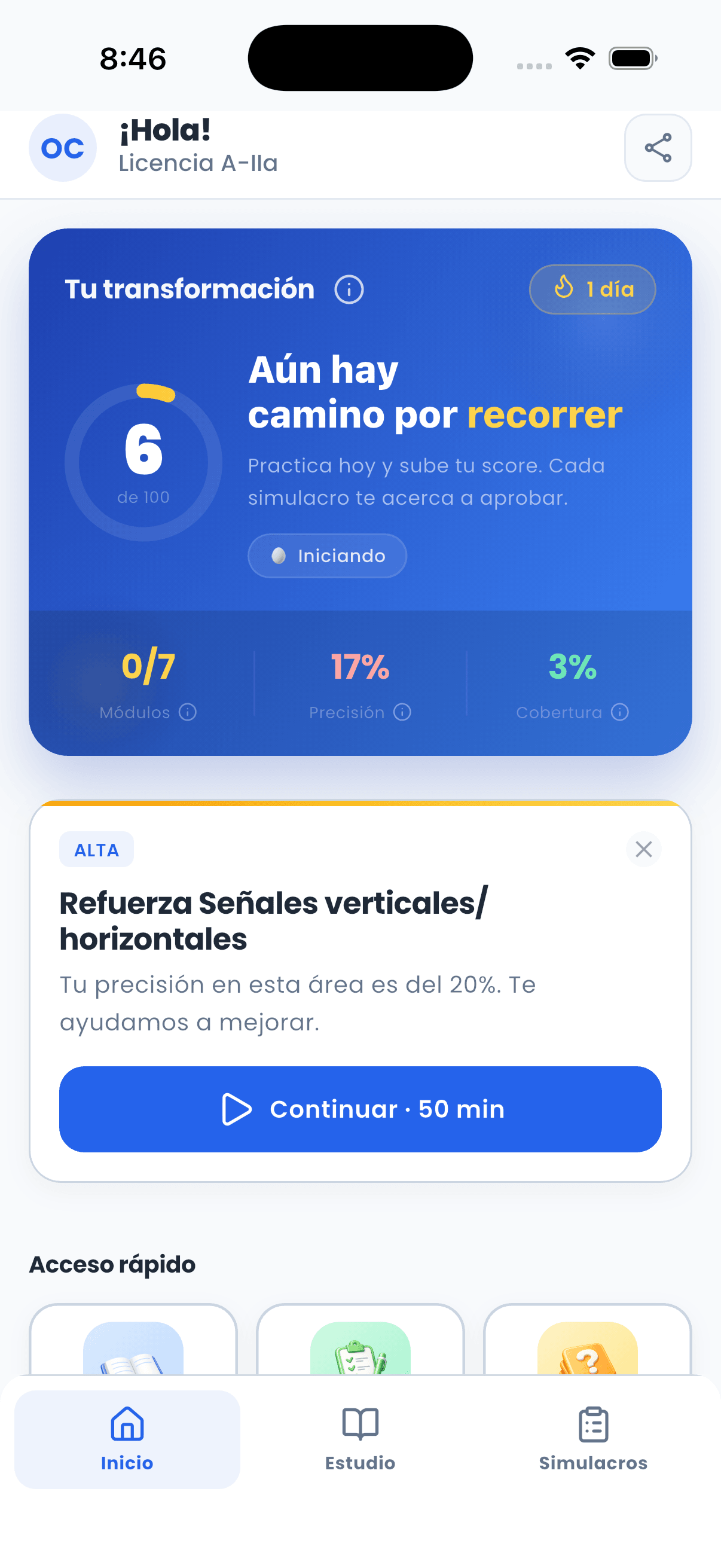 Captura de Aprueba Ahora: pantalla de inicio con tu preparación, repaso personalizado y simulacros MTC
