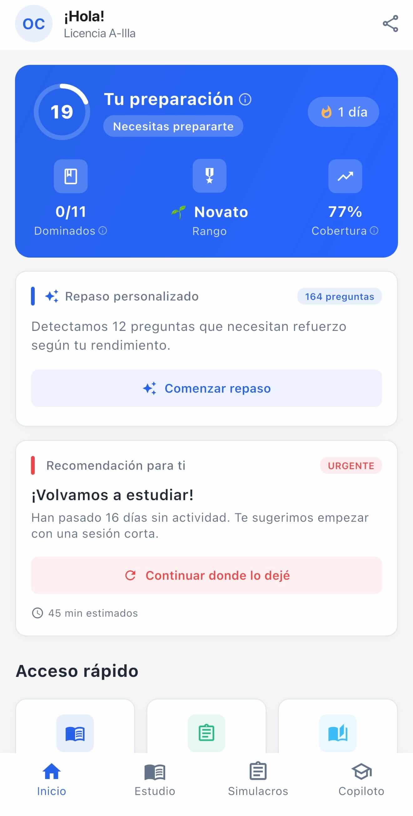 Captura de ApruebaAhora PE: pantalla de inicio con tu preparación, repaso personalizado y simulacros MTC